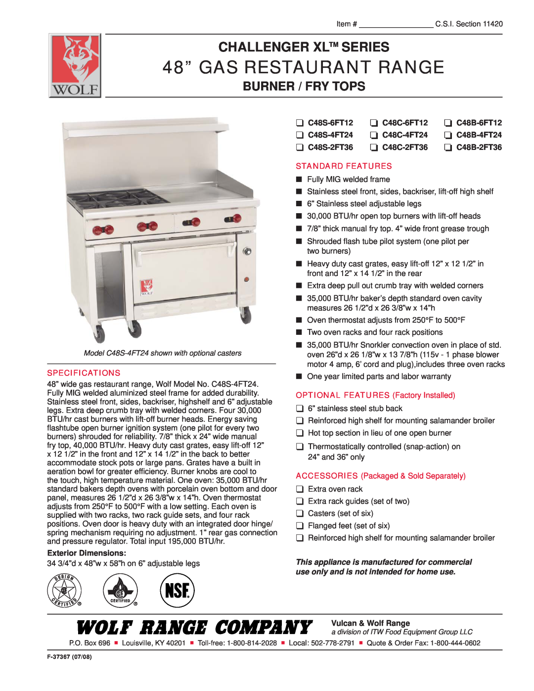 Wolf C48C-2FT36 specifications 48” GAS RESTAURANT RANGE, Challenger Xl Series, Burner / Fry Tops, Specifications 