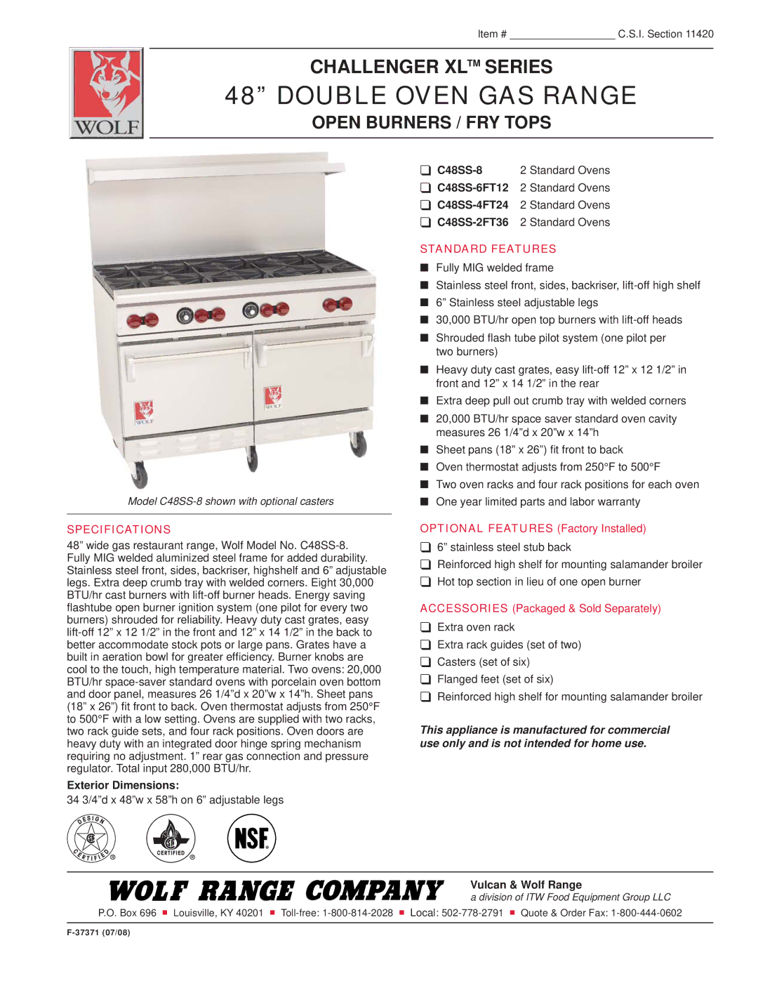 Wolf C48SS-4FT24, C48SS-8 specifications Double Oven GAS Range, Open Burners / FRY Tops, Specifications, Standard Features 