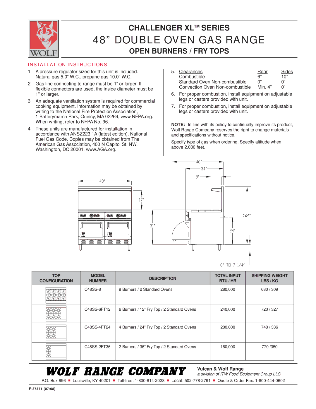 Wolf C48SS-8, C48SS-2FT36 Installation Instructions, Model Description, Shipping Weight, Number BTU / HR LBS / KG 