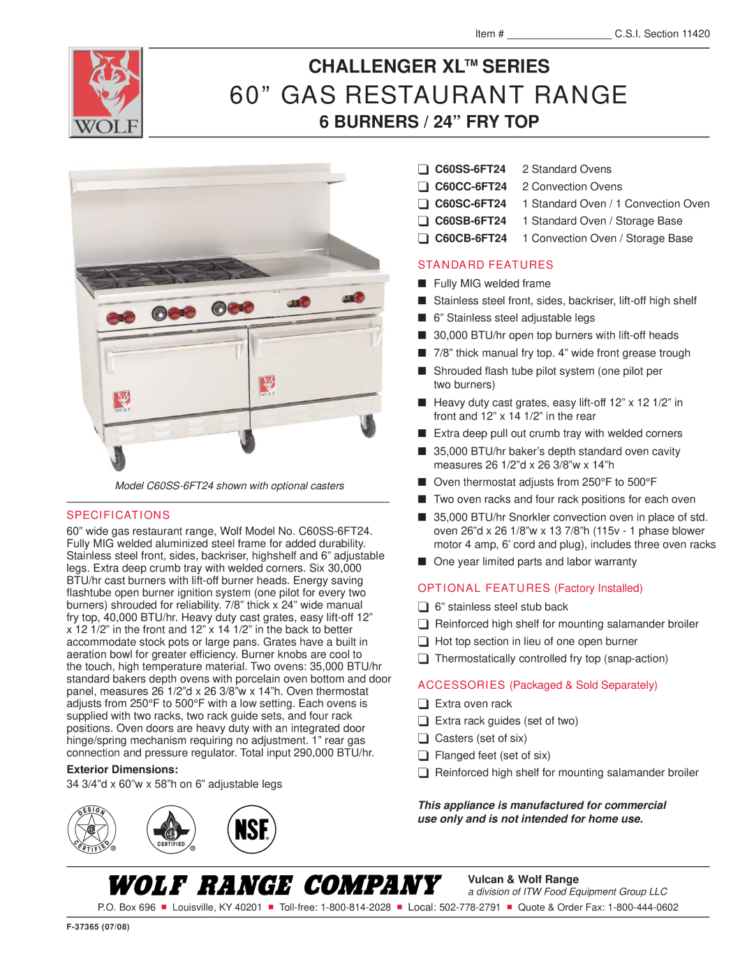 Wolf C60CC-6FT24, C60SC-6FT24 specifications GAS Restaurant Range, Burners / 24 FRY TOP, Specifications, Standard Features 