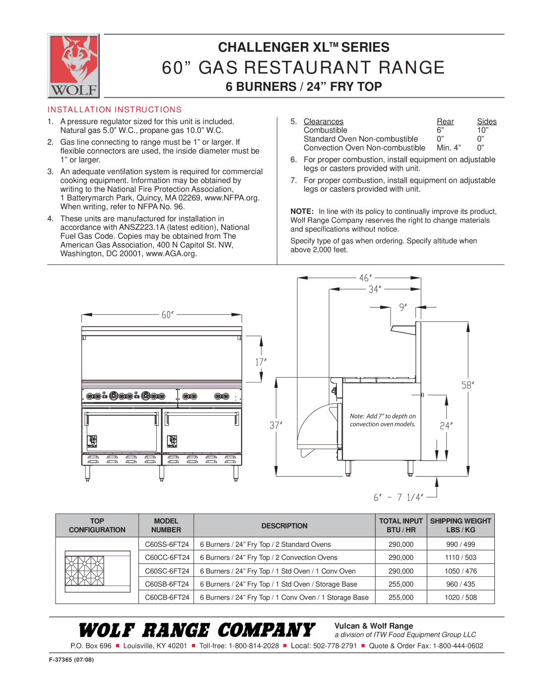 Wolf C60SB-6FT24, C60SC-6FT24 Installation Instructions, TOP Model Description, Shipping Weight, Number BTU / HR LBS / KG 