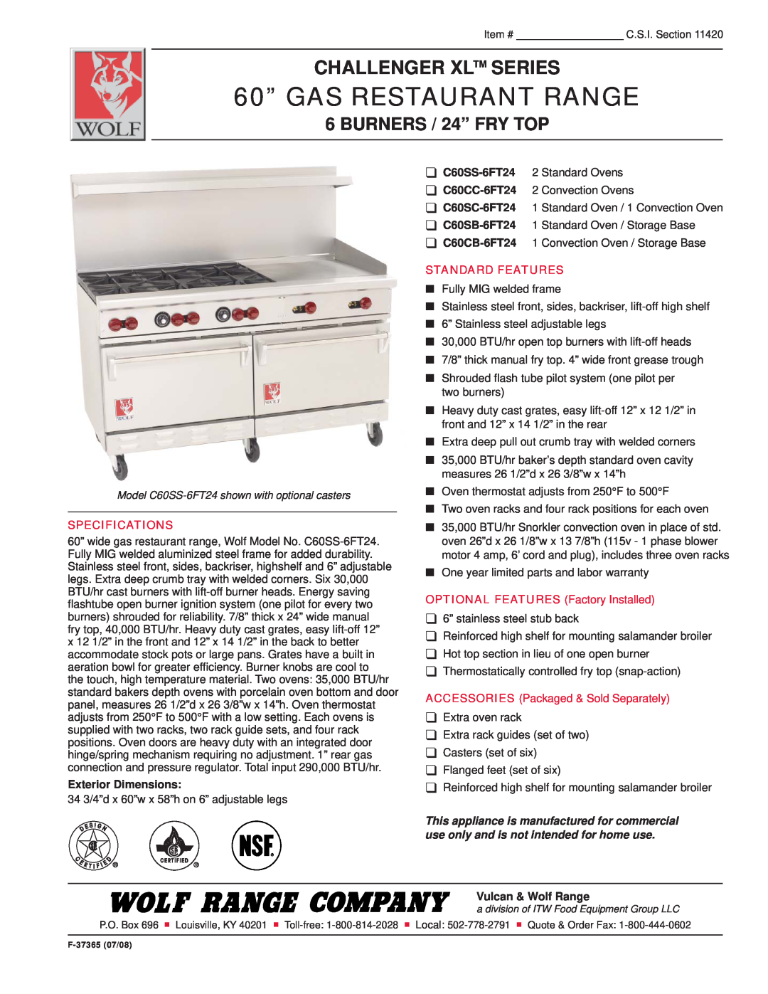 Wolf C60CC-6FT24 specifications 60” GAS RESTAURANT RANGE, Challenger Xl Series, BURNERS / 24” FRY TOP, Specifications 