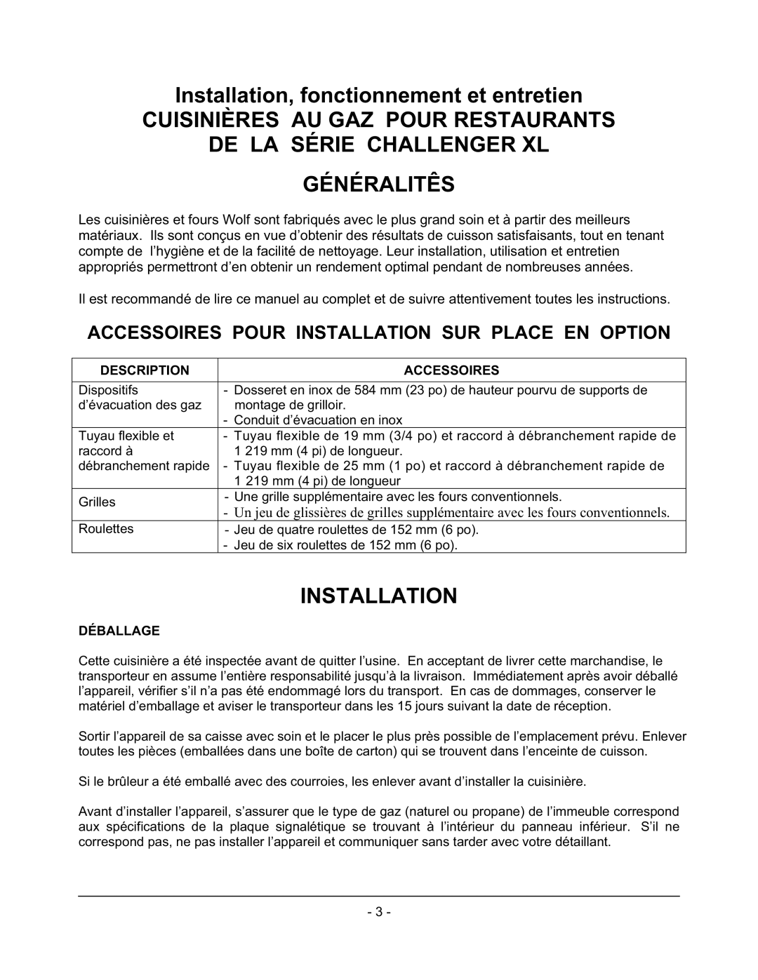 Wolf C36(S,C), C60(S,C)(S,C), C48(S,C), C72(S,C)(S,C) operation manual Installation, Description Accessoires, Déballage 