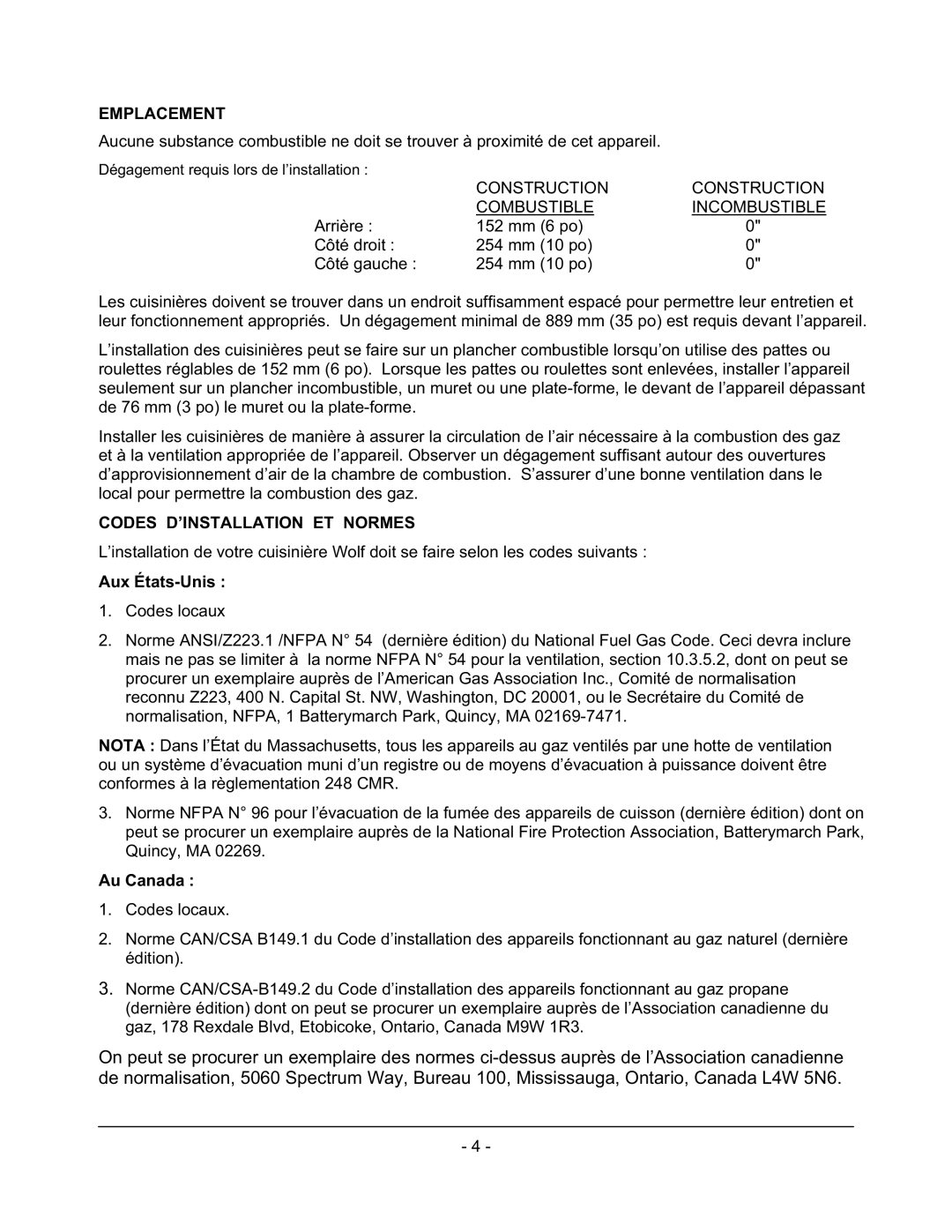 Wolf C48(S,C), C60(S,C)(S,C), C36(S,C), C72(S,C)(S,C) Emplacement, Codes D’INSTALLATION ET Normes, Aux États-Unis, Au Canada 