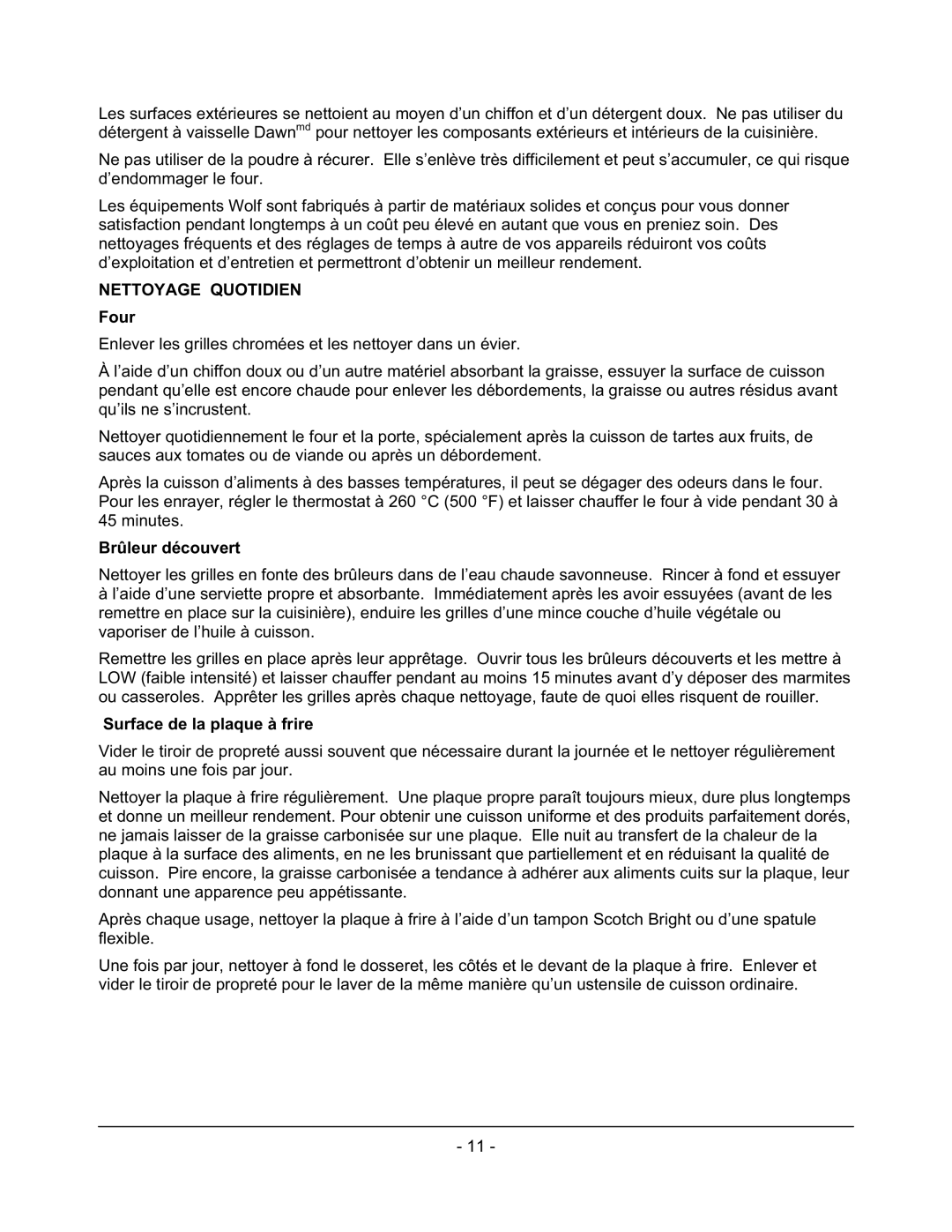 Wolf C36(S,C), C60(S,C)(S,C), C48(S,C) Nettoyage Quotidien, Four, Brûleur découvert, Surface de la plaque à frire 