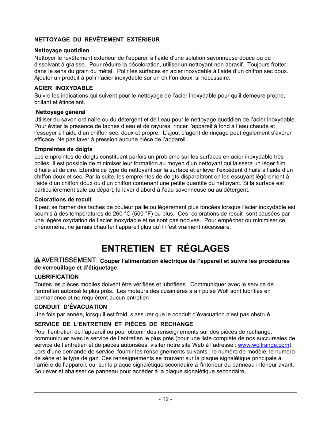 Wolf C48(S,C), C60(S,C)(S,C) Entretien ET Réglages, Nettoyage DU Revêtement Extérieur, Acier Inoxydable, Lubrification 