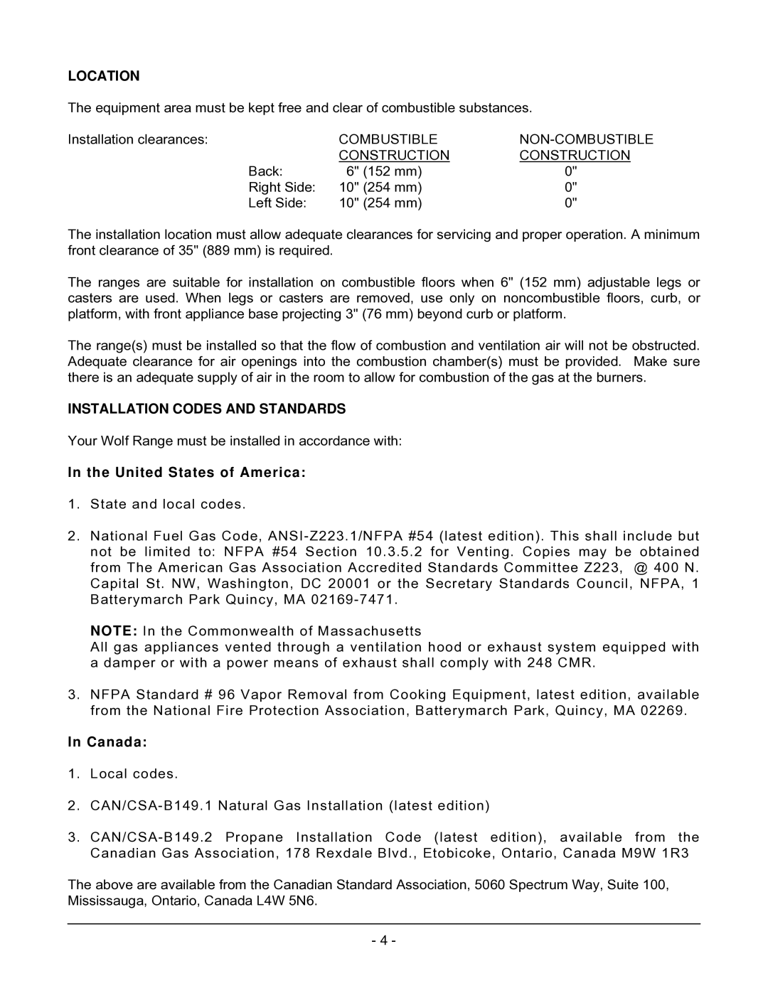 Wolf C60(S,C)(S,C), C36(S,C), C48(S,C) Location, Installation Codes and Standards, United States of America, Canada 