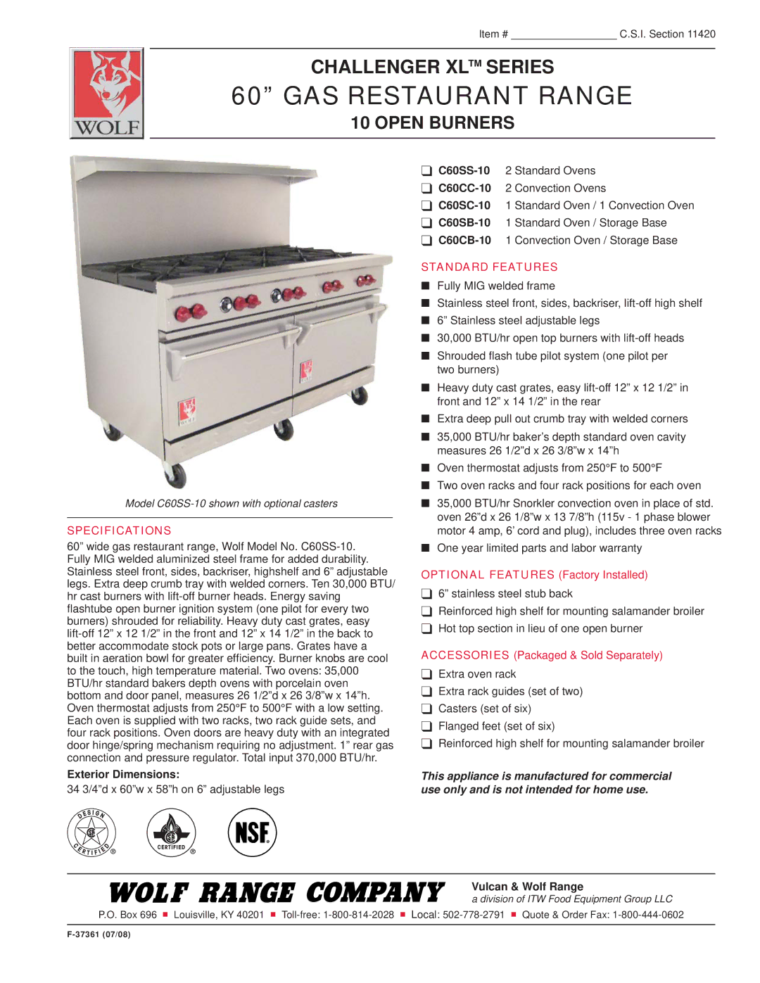 Wolf C60CB-10, C60SS-10, C60SC-10 specifications GAS Restaurant Range, Open Burners, Specifications, Standard Features 