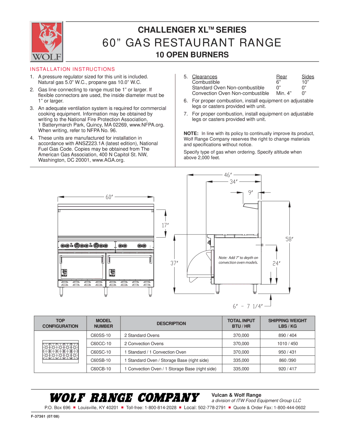 Wolf C60SC-10, C60SS-10, C60CB-10 Installation Instructions, Model Description, Shipping Weight, Number BTU / HR LBS / KG 