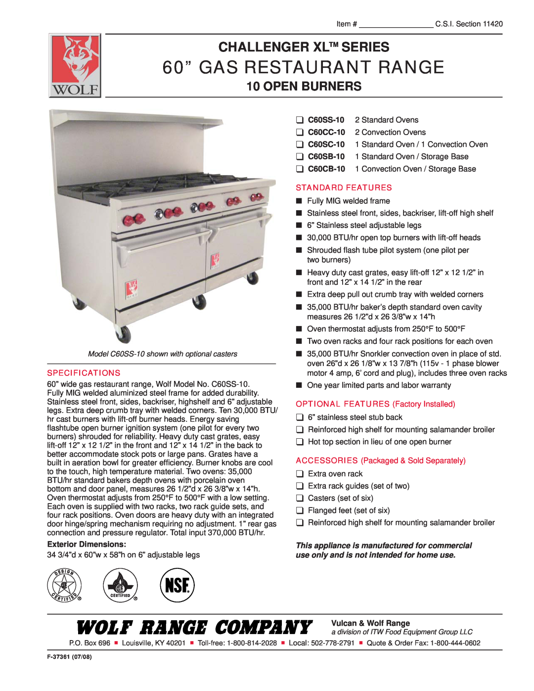 Wolf C60CB-10, C60SS-10 specifications 60” GAS RESTAURANT RANGE, Challenger Xl Series, Open Burners, Specifications 