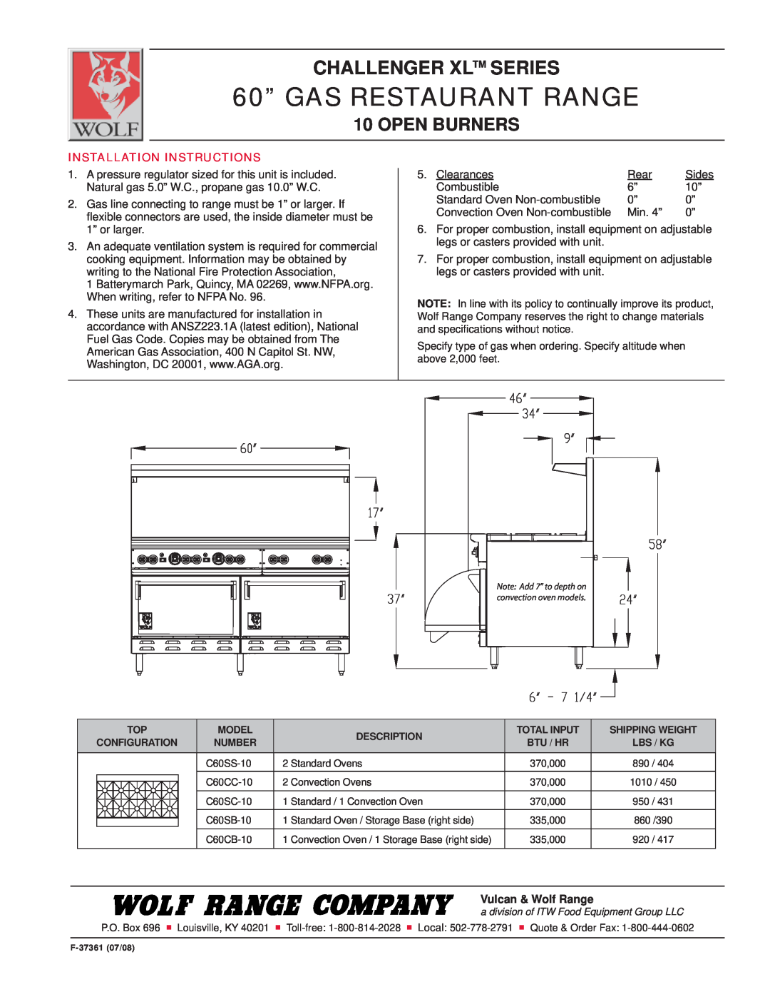 Wolf C60SC-10 Installation Instructions, 60” GAS RESTAURANT RANGE, Challenger Xl Series, Open Burners, Vulcan & Wolf Range 
