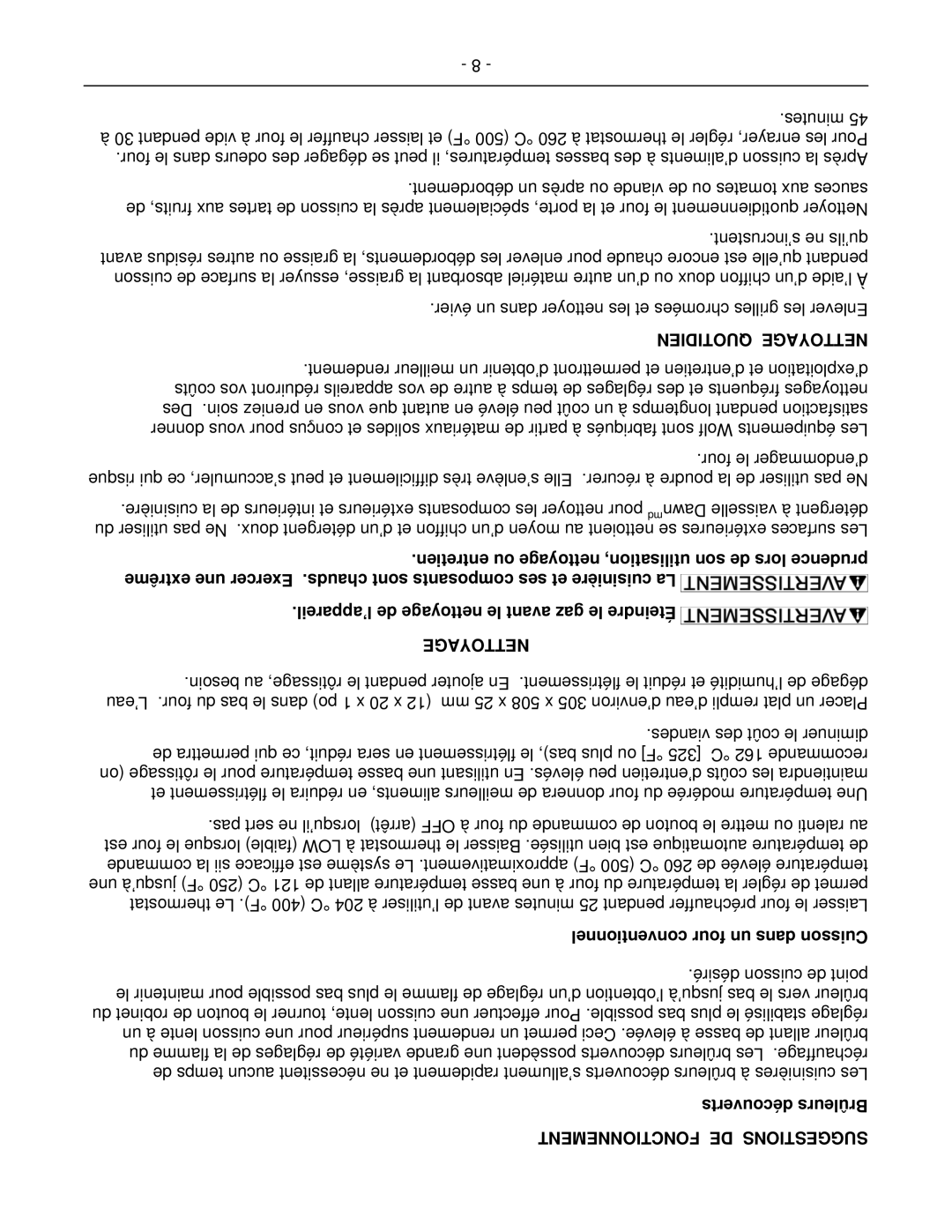 Wolf C72SS operation manual ’appareil de nettoyage le avant gaz le Éteindre Nettoyage, Conventionnel four un dans Cuisson 