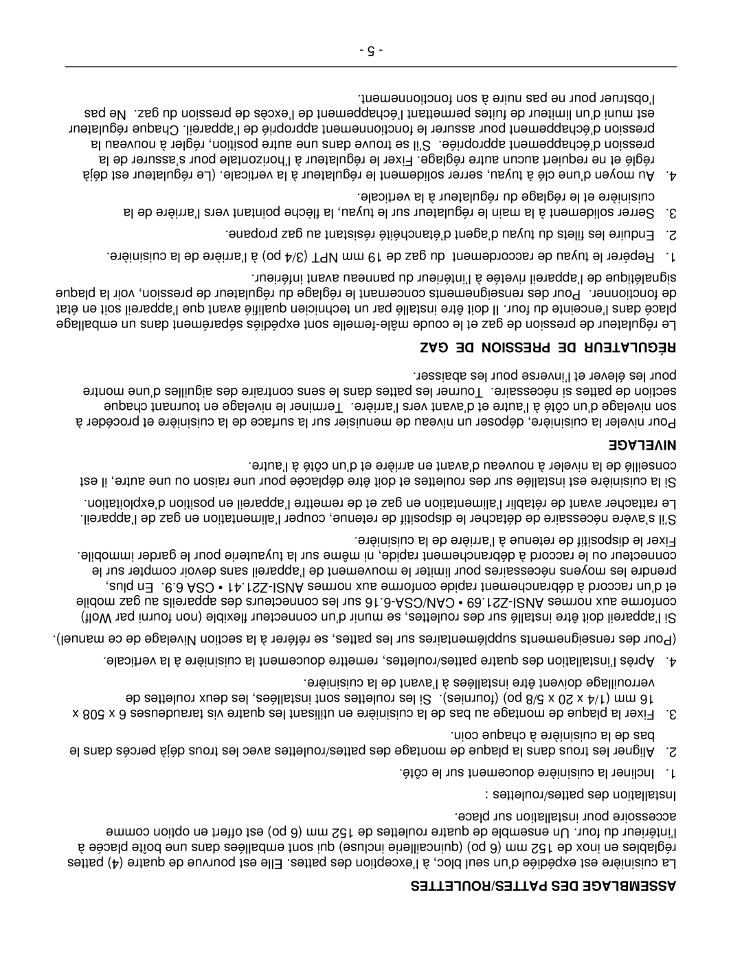 Wolf C72SS operation manual GAZ DE Pression DE Régulateur, Nivelage, PATTES/ROULETTES DES Assemblage 