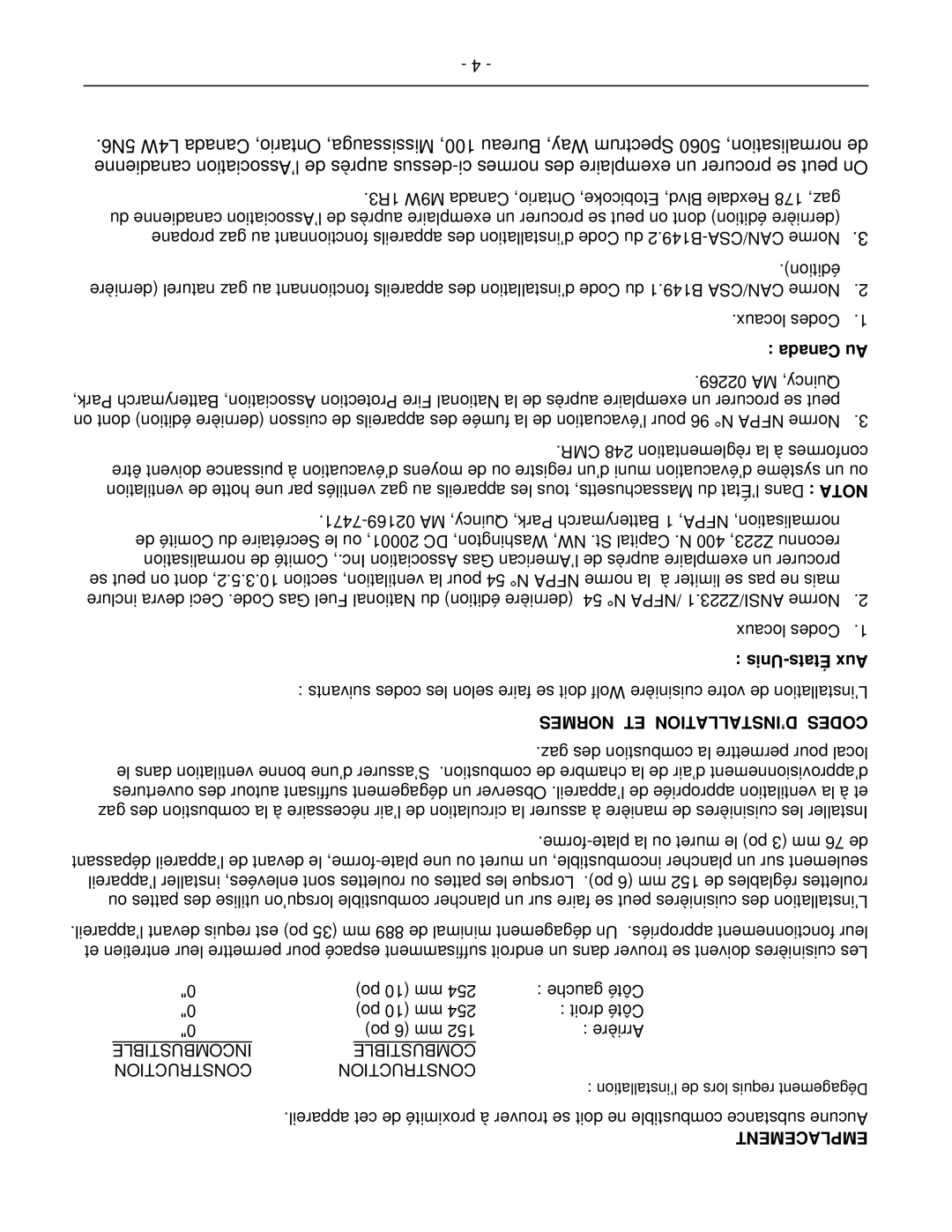 Wolf C72SS operation manual Canada Au, Unis-États Aux, Normes ET D’INSTALLATION Codes, Emplacement 