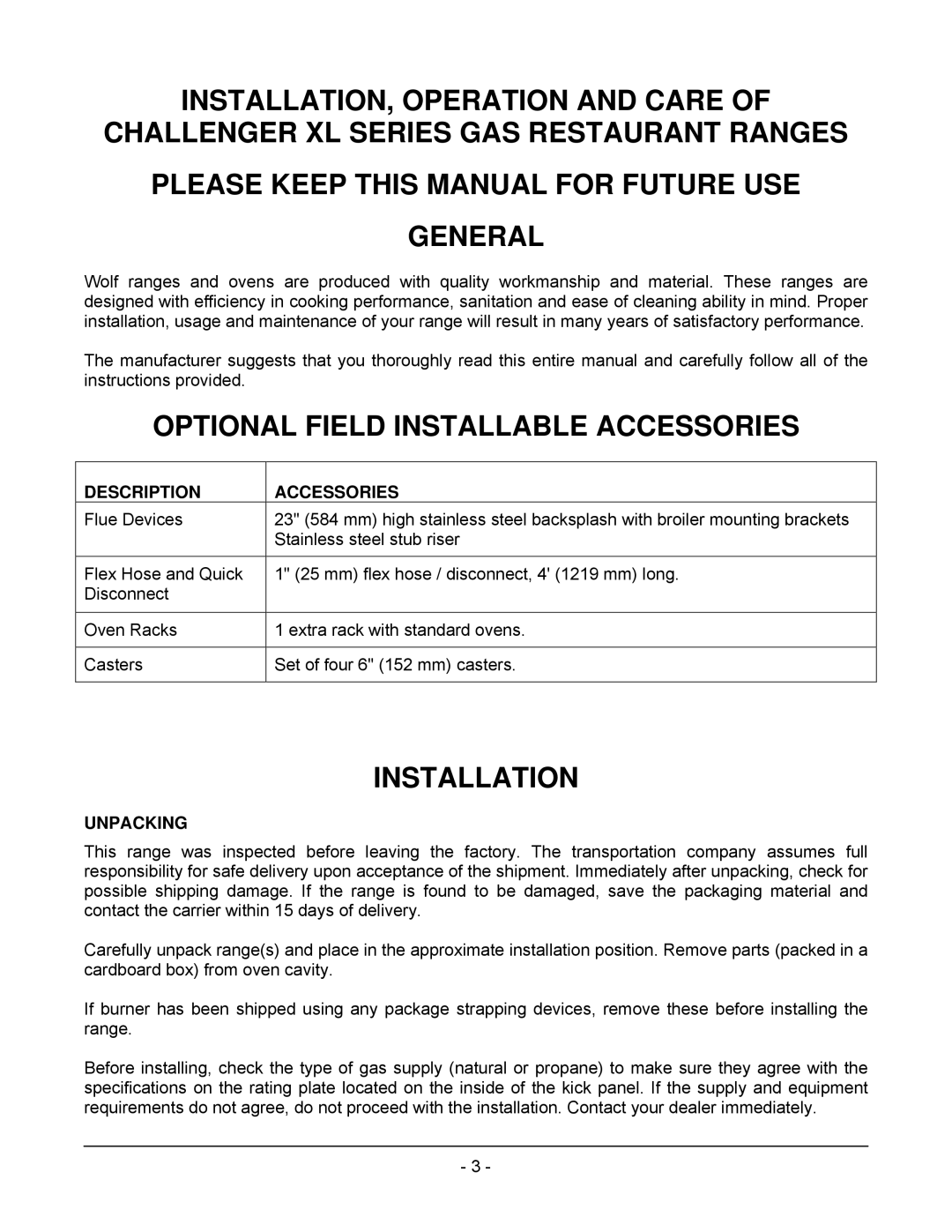 Wolf C72SS operation manual Optional Field Installable Accessories, Installation, Description, Unpacking 