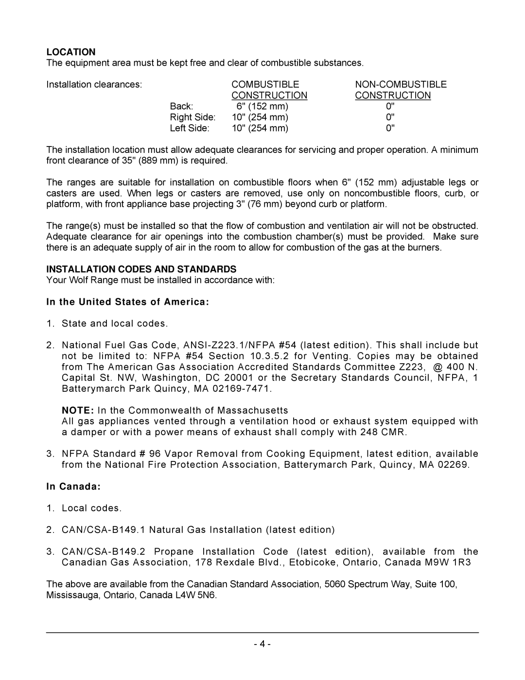 Wolf C72SS operation manual Location, Installation Codes and Standards, United States of America, Canada 