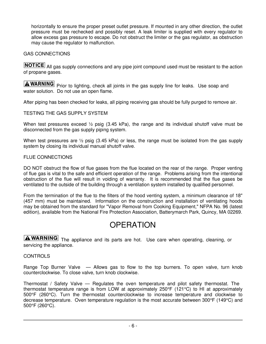 Wolf C72SS operation manual Operation, GAS Connections, Testing the GAS Supply System, Flue Connections, Controls 