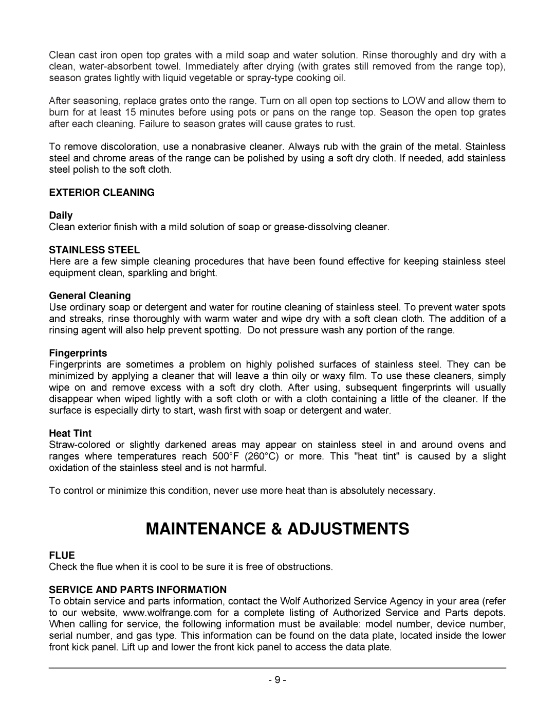 Wolf C72SS Maintenance & Adjustments, Exterior Cleaning, Stainless Steel, Flue, Service and Parts Information 