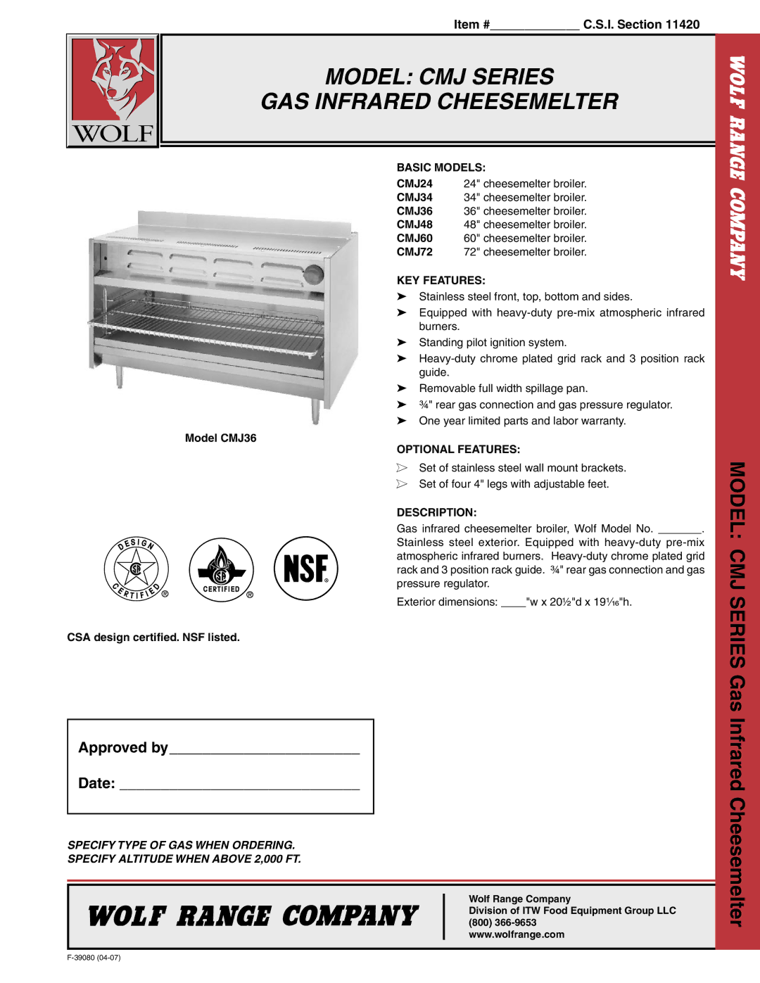 Wolf CMJ48, CMJ72, CMJ60, CMJ36, CMJ24, CMJ34 warranty Model CMJ Series GAS Infrared Cheesemelter, Approved by Date 