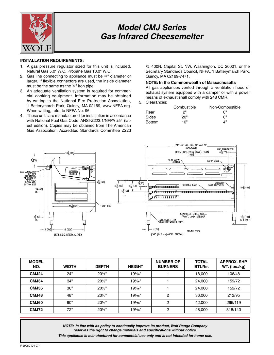 Wolf CMJ60, CMJ72, CMJ48, CMJ36 Model CMJ Series Gas Infrared Cheesemelter, Installation Requirements, BTU/hr WT. lbs./kg 