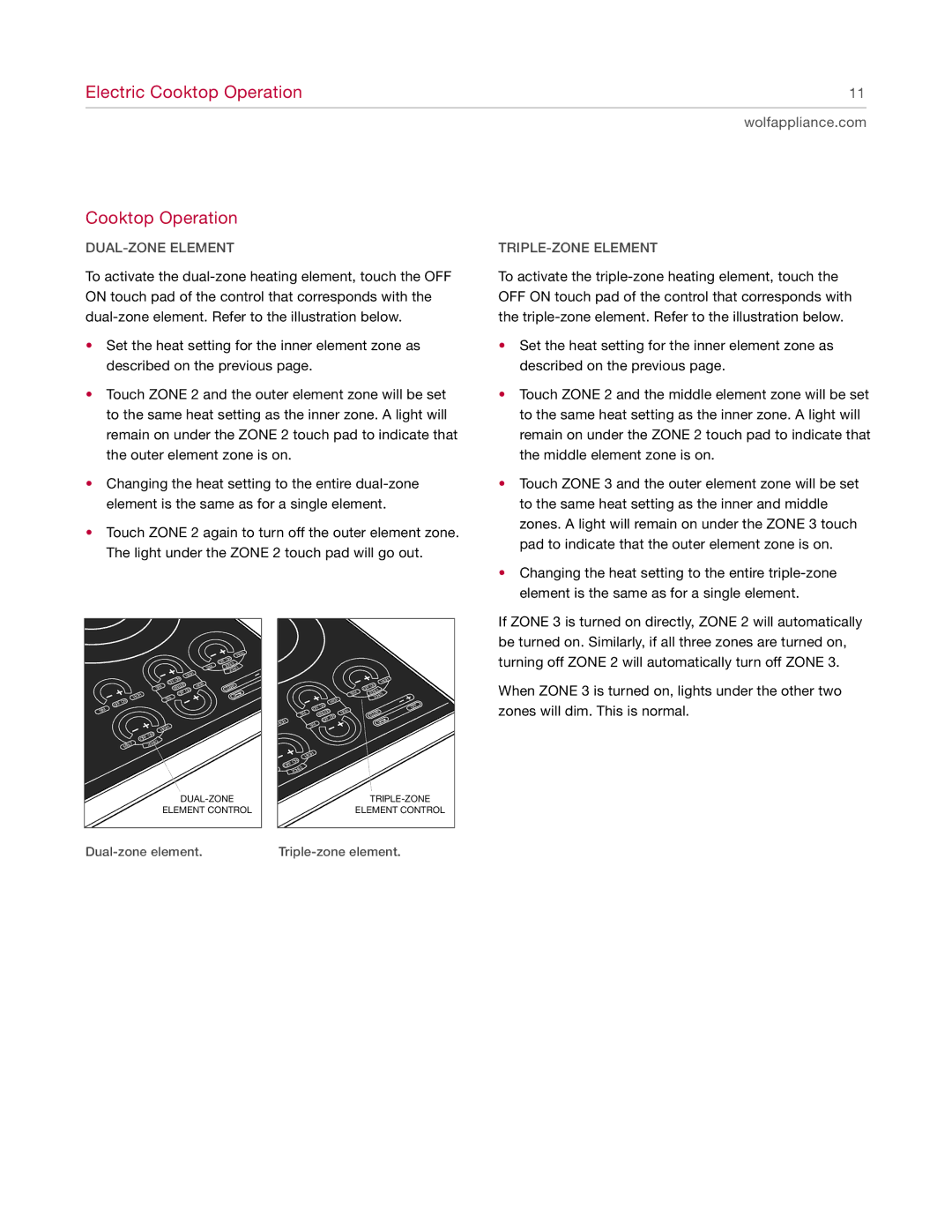 Wolf Cooktop manual DUAL-ZONE Element, TRIPLE-ZONE Element 