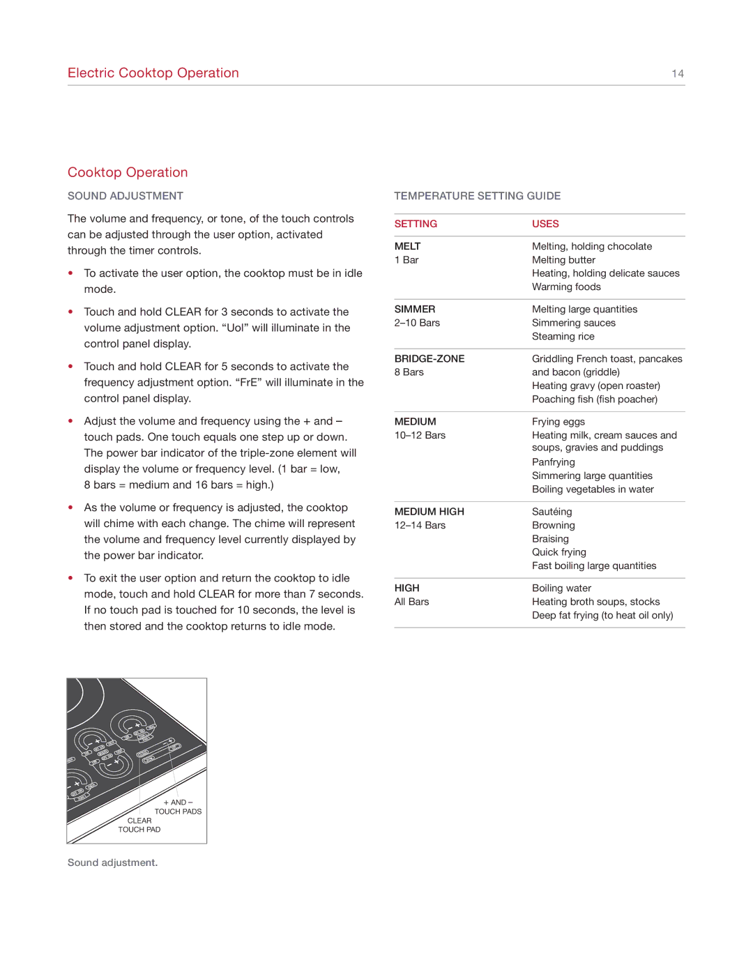 Wolf Cooktop manual Sound Adjustment, Temperature Setting Guide 