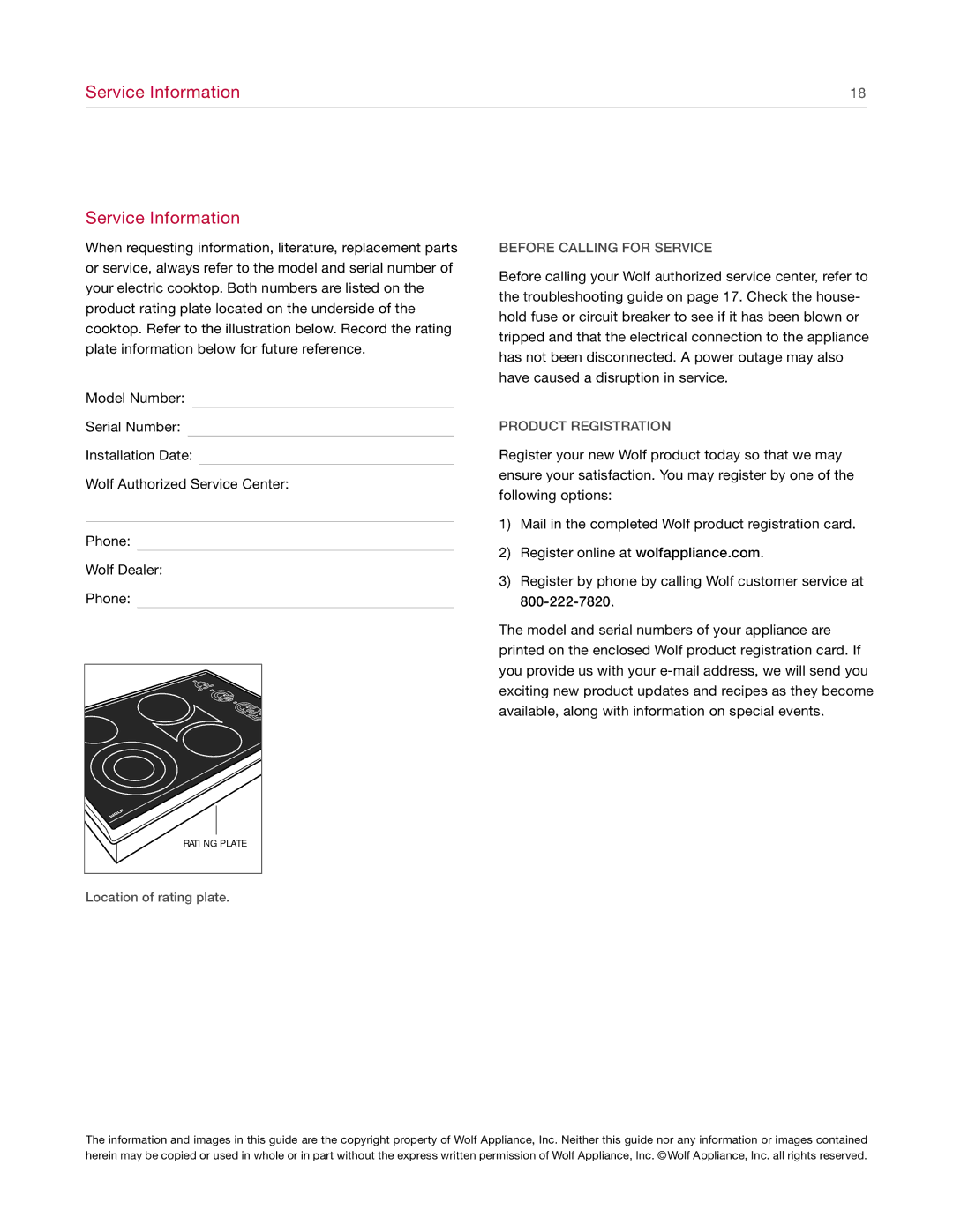 Wolf Cooktop manual Service Information, Before Calling for Service, Product Registration 