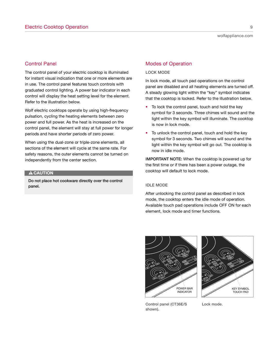 Wolf manual Electric Cooktop Operation Control Panel, Modes of Operation, Lock Mode, Idle Mode 