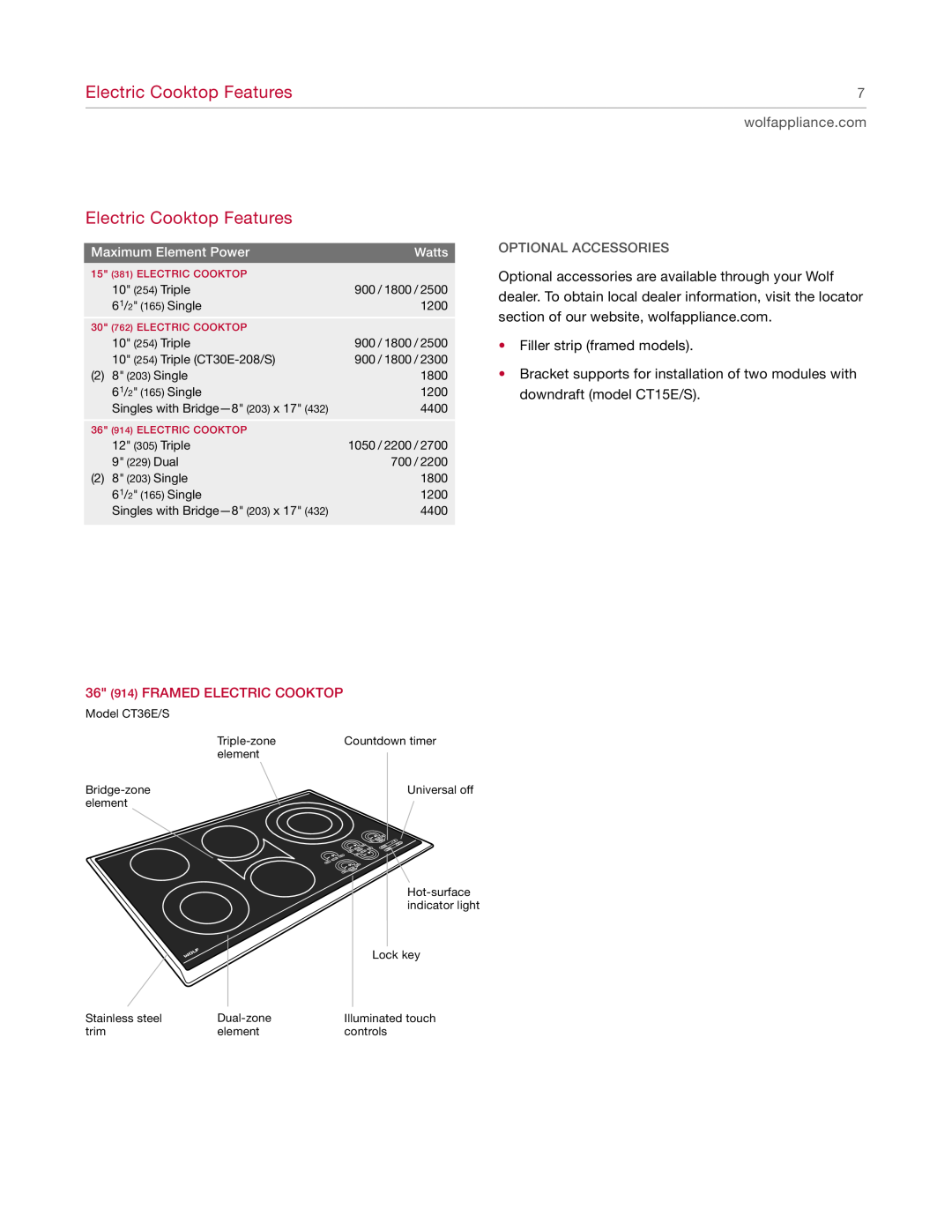 Wolf manual Electric Cooktop Features, wolfappliance.com, 36 914 FRAMED ELECTRIC COOKTOP, Optional Accessories 