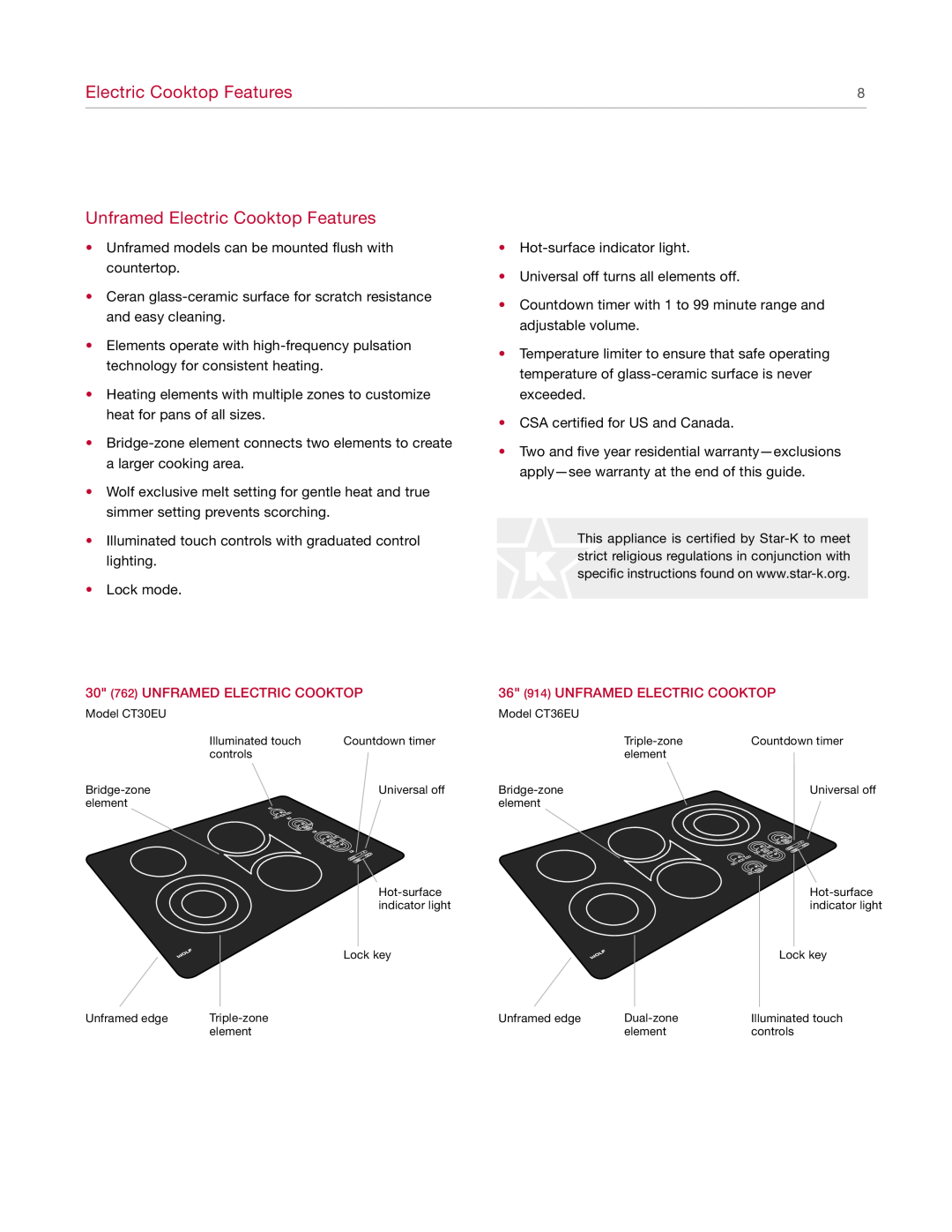 Wolf manual Unframed Electric Cooktop Features, 30 762 UNFRAMED ELECTRIC COOKTOP, 36 914 UNFRAMED ELECTRIC COOKTOP 