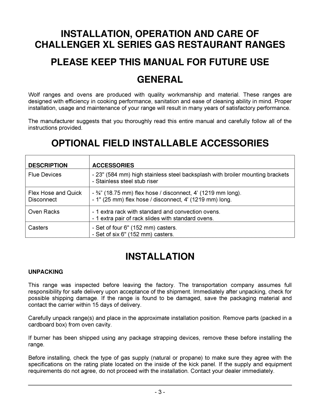 Wolf C48(S, C)(S, C72(S, C36(S, C24S, C48SS, C60(S Optional Field Installable Accessories, Installation, Description, Unpacking 