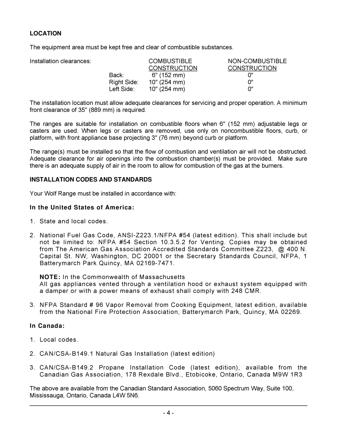 Wolf C24S, C)(S, C72(S, C36(S, C48(S, C48SS, C60(S Location, Installation Codes and Standards, United States of America, Canada 