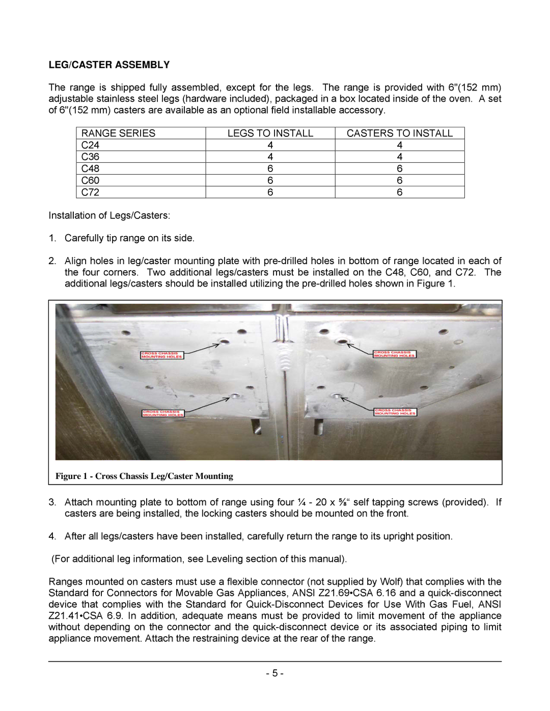 Wolf C48SS, C)(S, C72(S, C36(S, C48(S, C24S, C60(S LEG/CASTER Assembly, Range Series Legs to Install Casters to Install 