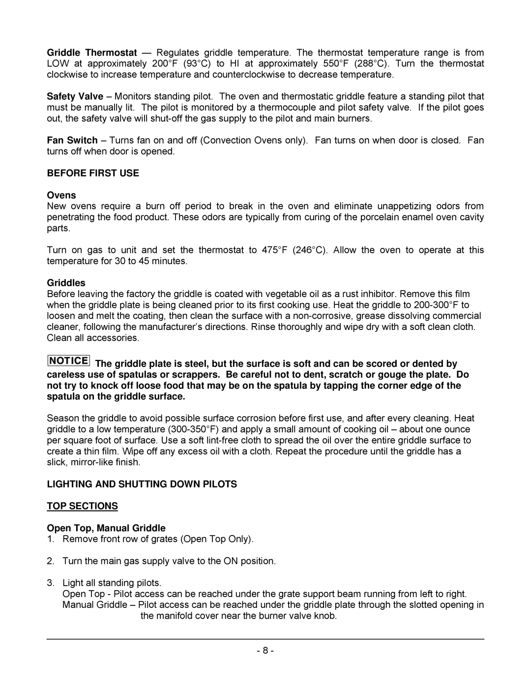 Wolf C)(S Before First USE, Ovens, Griddles, Lighting and Shutting Down Pilots TOP Sections, Open Top, Manual Griddle 