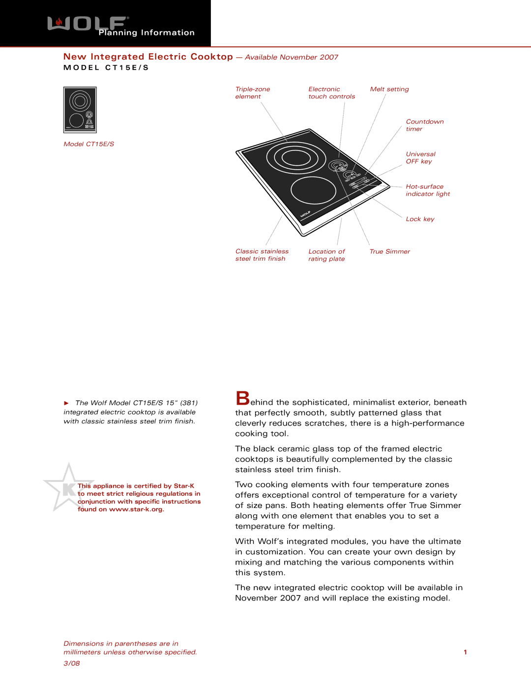 Wolf CT15E/S dimensions New Integrated Electric Cooktop Available November, D E L C T 1 5 E / S 