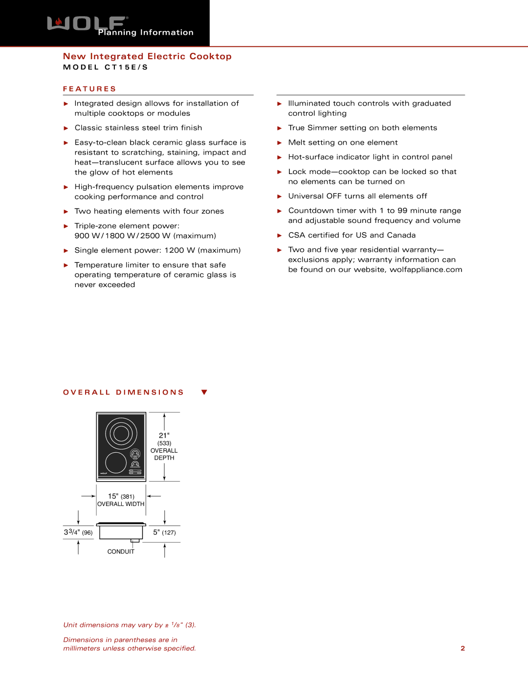 Wolf CT15E/S dimensions New Integrated Electric Cooktop, A T U R E S, E R a L L D I M E N S I O N S 