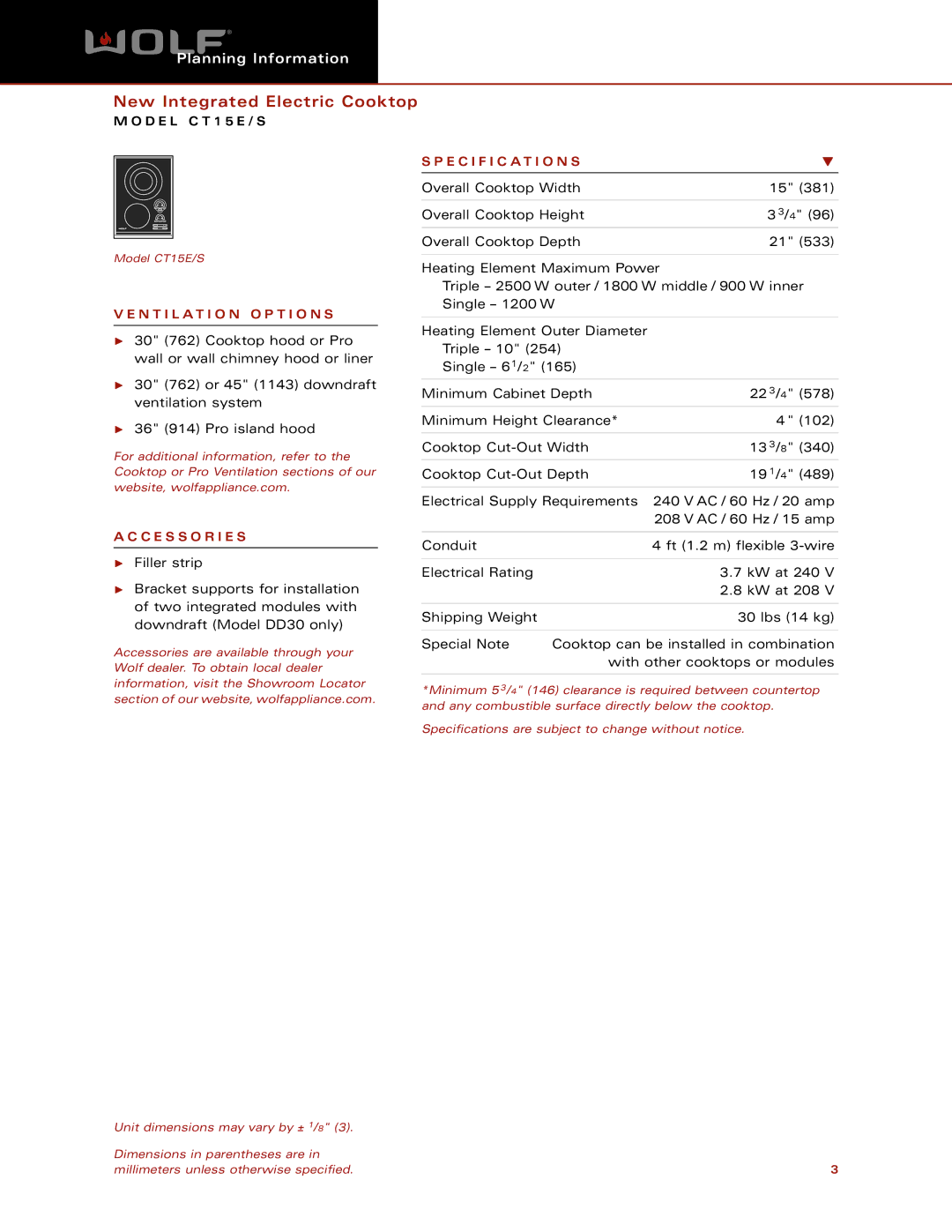 Wolf CT15E/S dimensions Specification S, N T I L a T I O N O P T I O N S, C E S S O R I E S 