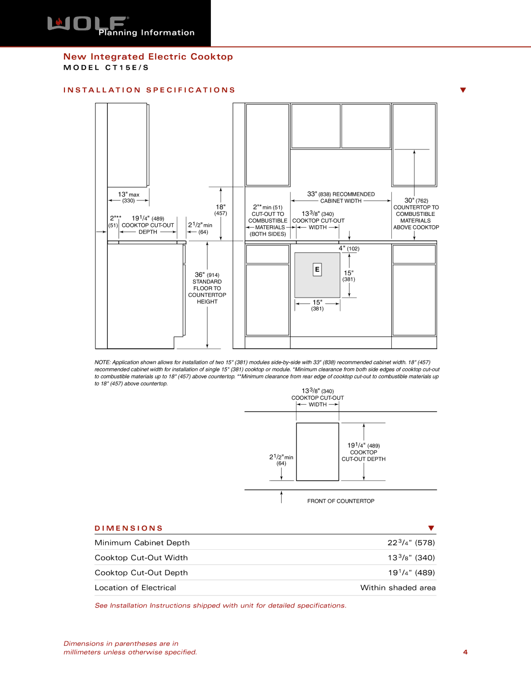 Wolf CT15E/S dimensions Installation Specification S, M E N S I O N S 