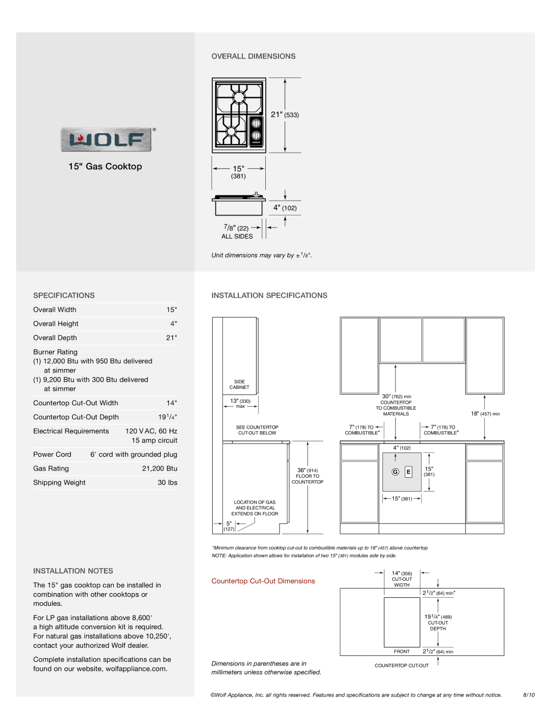 Wolf CT15GIS, CT15S manual Overall Dimensions, Specifications Installation Specifications, Installation Notes 