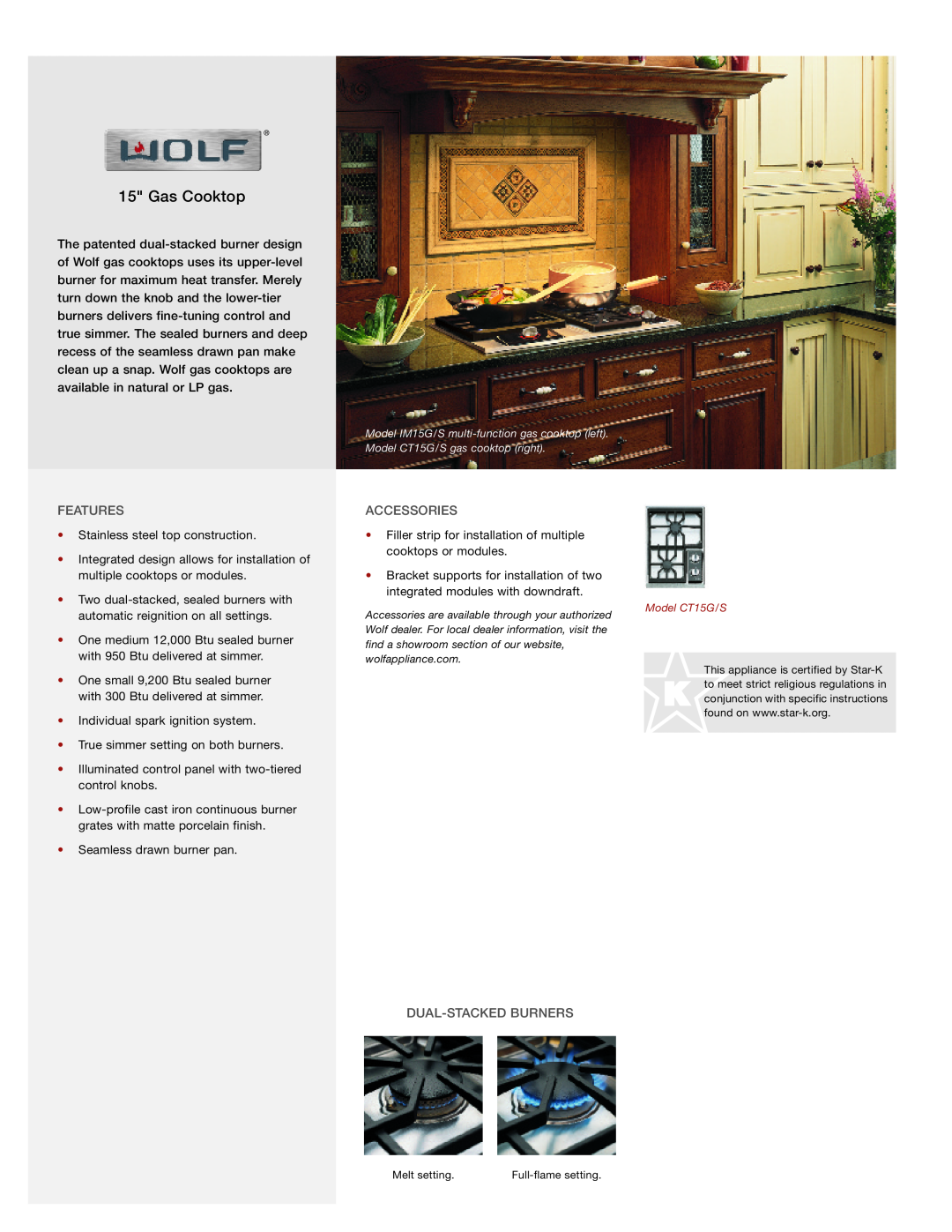 Wolf CT15S, CT15GIS manual Gas Cooktop, Features, Accessories, Dual-Stacked Burners 
