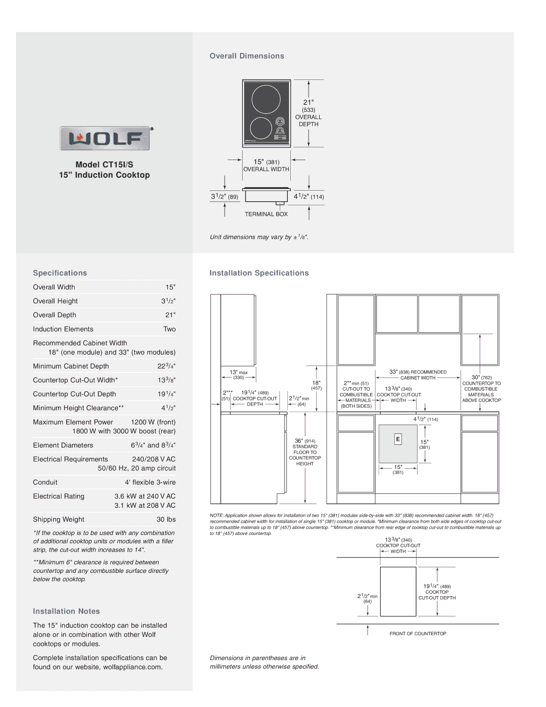 Wolf CT15I/S Overall Dimensions, Specifications Installation Specifications, Installation Notes, Shipping Weight 30 lbs 