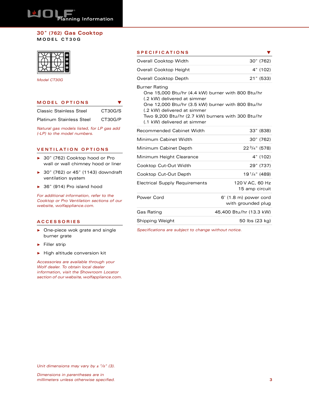 Wolf CT30G dimensions D E L O P T I O N S, N T I L a T I O N O P T I O N S, C E S S O R I E S, Specification S 