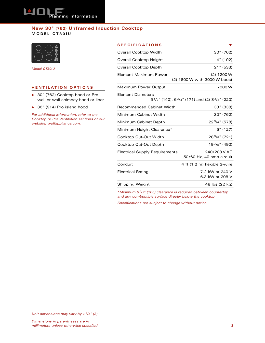 Wolf CT30IU dimensions Specification S, N T I L a T I O N O P T I O N S 