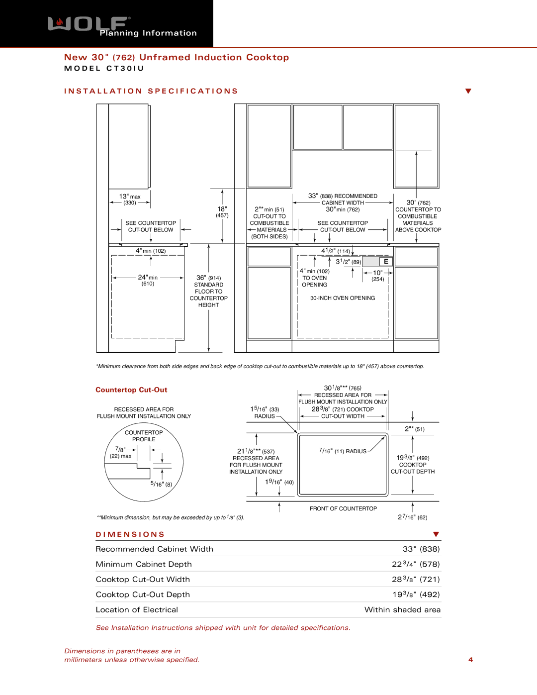 Wolf CT30IU dimensions Installation Specification S, M E N S I O N S 