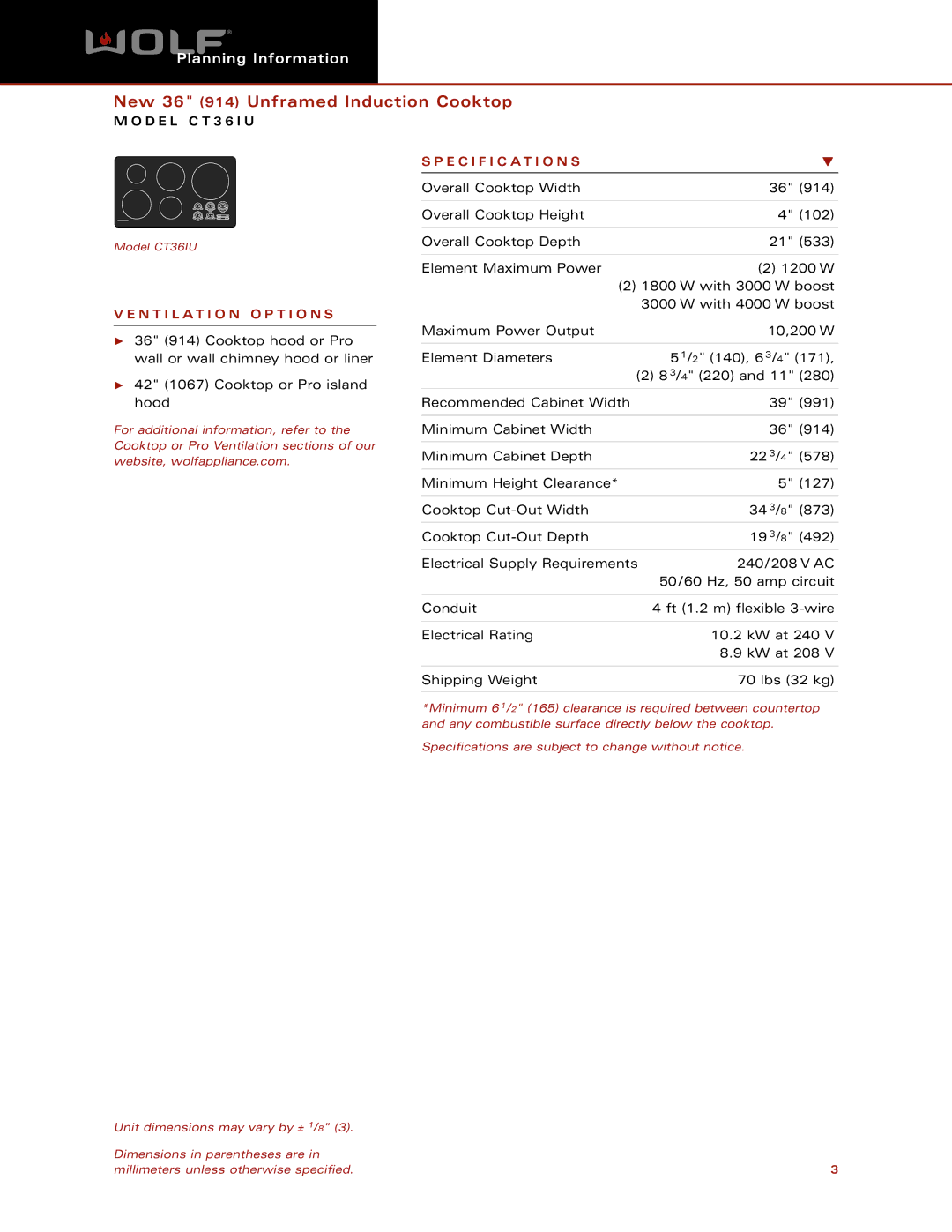 Wolf CT36IU dimensions Specification S, N T I L a T I O N O P T I O N S 