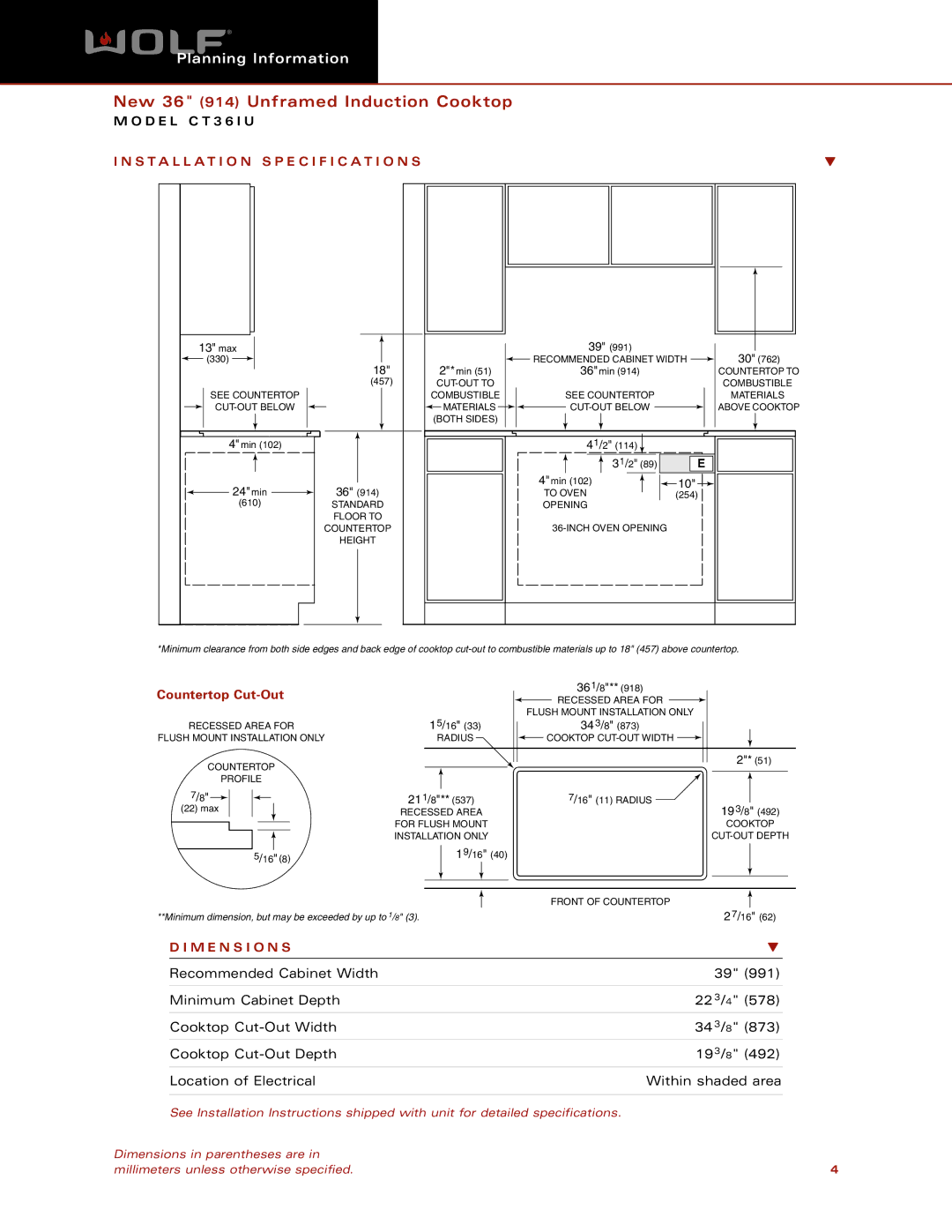 Wolf CT36IU dimensions Installation Specification S, M E N S I O N S 