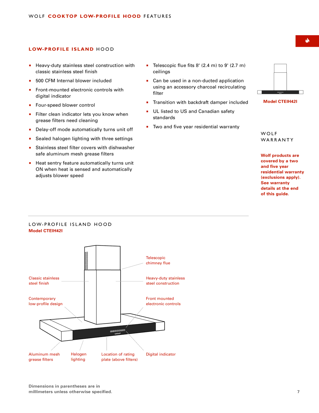 Wolf CTEIH42I manual L F Cooktop LOW-PROFILE Hood LOW-PROFILE Island H O O D, At U R E S, L F R R a N T Y 