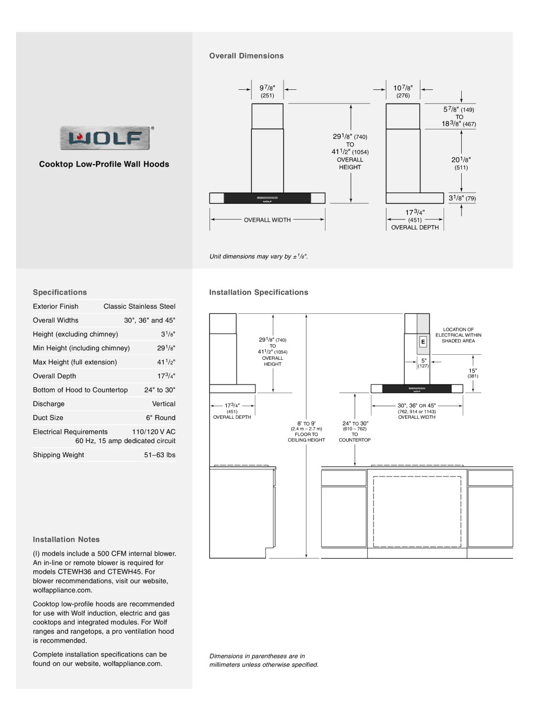 Wolf CTEWH36I, CTEWH45I, CTEWH30I manual Overall Dimensions, Installation Notes, Installation Specifications 