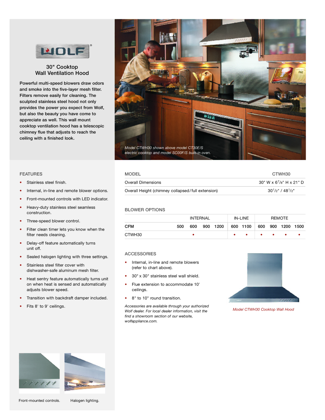 Wolf dimensions Cooktop Wall Ventilation Hood, Features, Model CTWH30, Blower Options, Accessories 