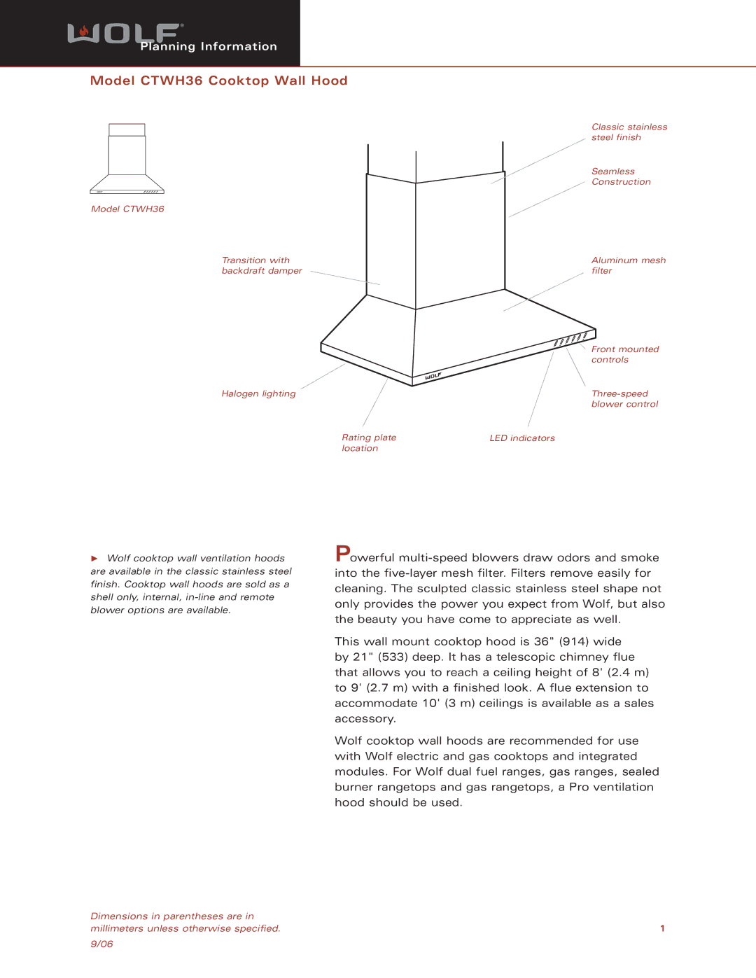 Wolf dimensions Model CTWH36 Cooktop Wall Hood 